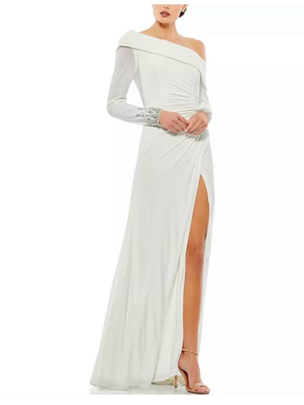 Mac Duggal White One-Shoulder Evening Gown with Beaded Cuffs